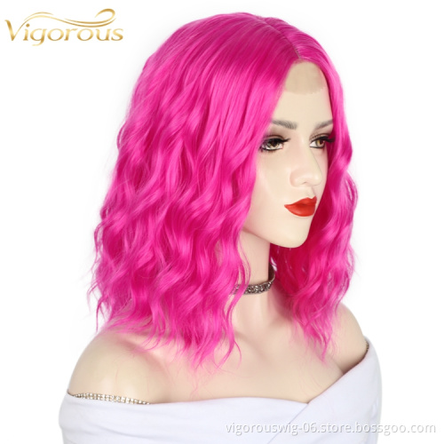 Hot Selling Wholesale U Part High Temperature Heat Resistant Water Wave Pink Bob Short Synthetic Lace Front Wig